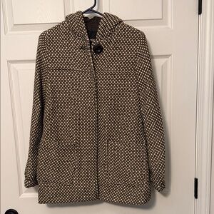 Hooded Patterned Coat in Black and Cream